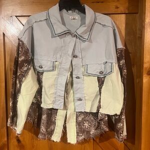 POL Light Blue and Cream Patchwork Jean Jacket